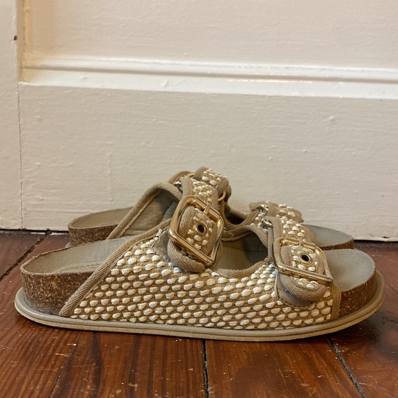 Zara slides with chunky gold buckles / leather and woven fabric - Picture 7 of 7